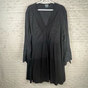 ARULA Black Boho Goth Dress 2X Embroidered Gauzy Bell Sleeves